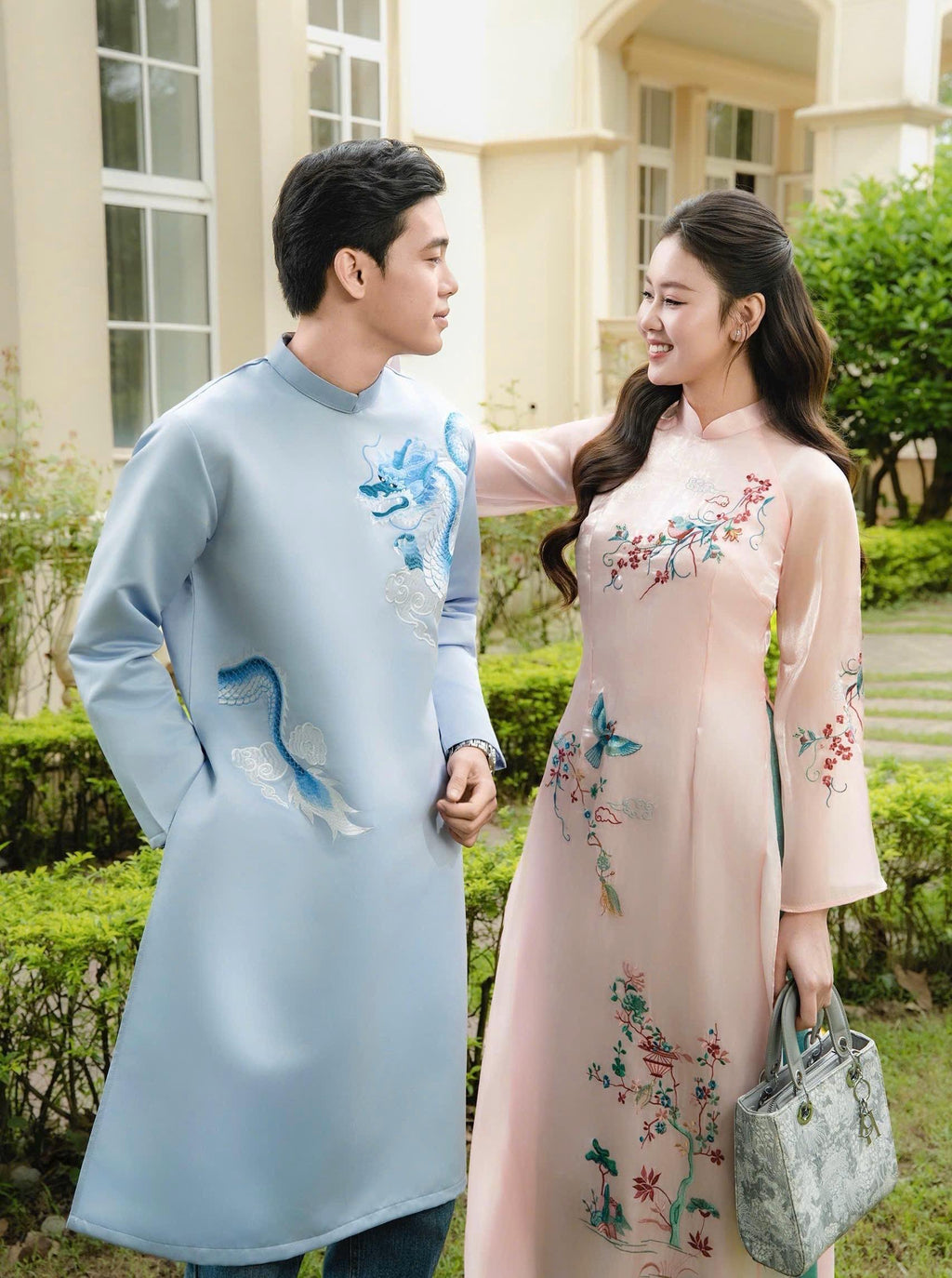 Vietnamese aodai for men embroided dragon grey/ red/ blue ao dai gam taffeta