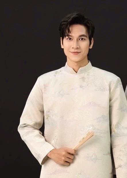 Vietnamese aodai for men Gam tafta VanMay ao dai light beige, light pink