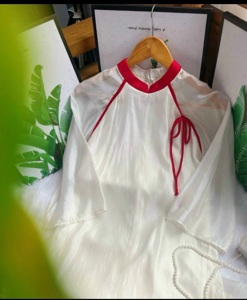 TueHy Vietnamese ao dai beige off-white, pants included
