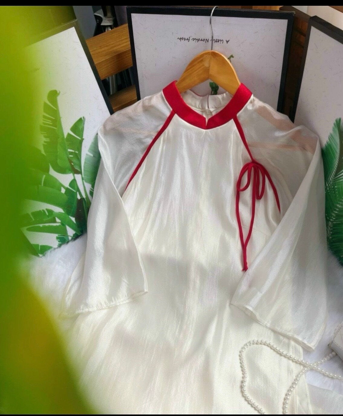 TueHy Vietnamese ao dai beige off-white, pants included