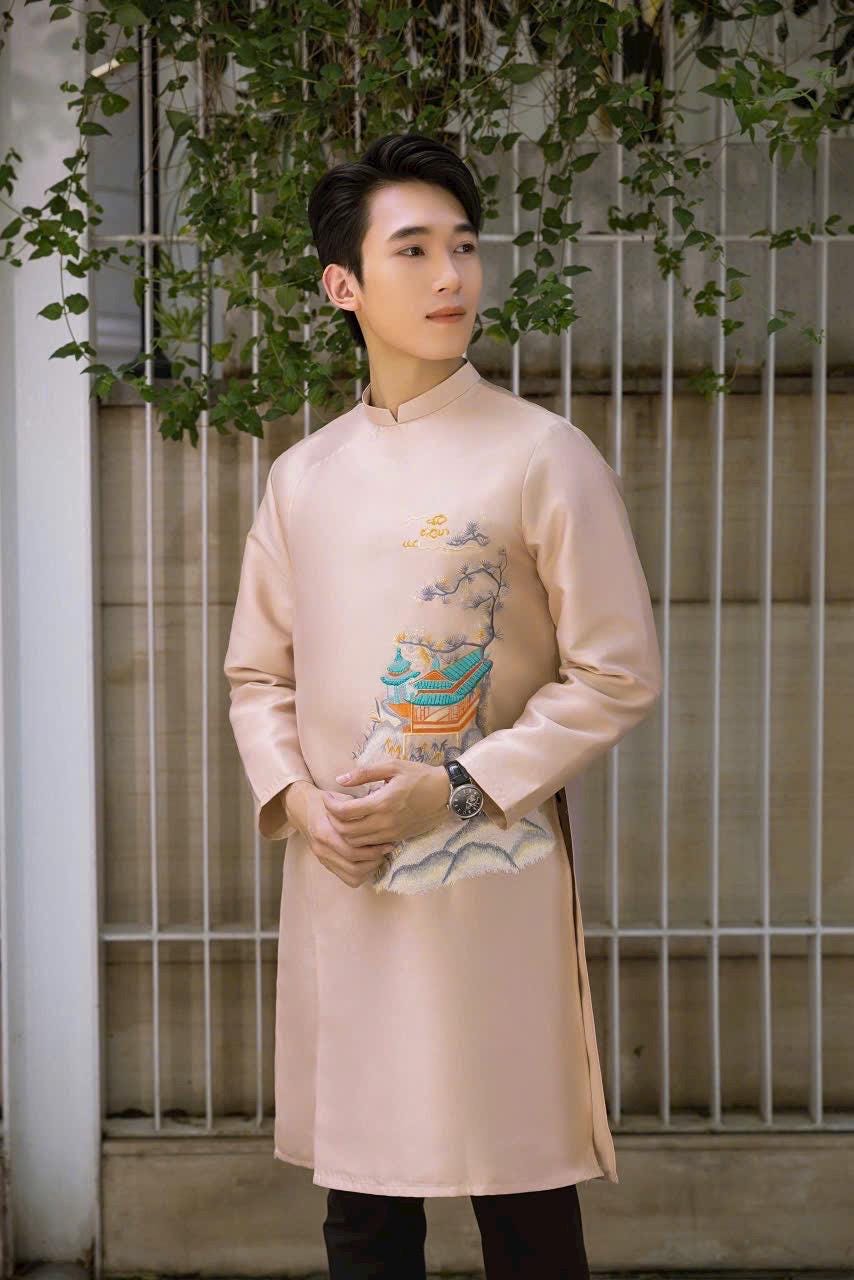 Temly Vietnamese aodai for men blue/ nude