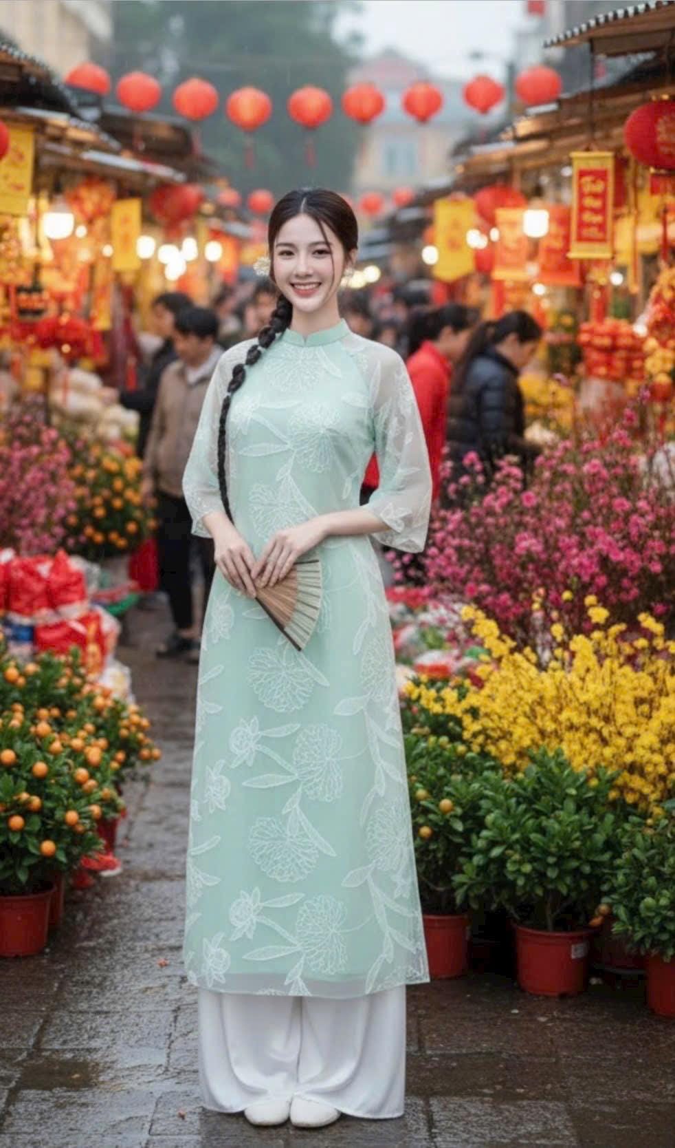 NgocHa Vietnamese ao dai embroidery mint green, pants included