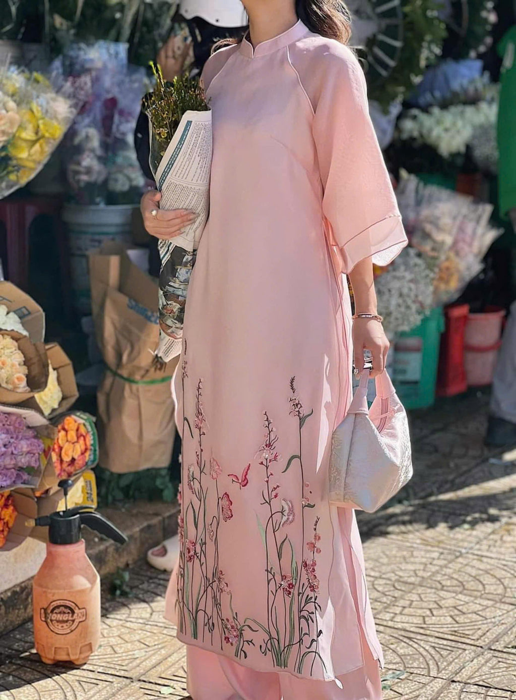 Vietnamese ao dai TienSa pink, pants included