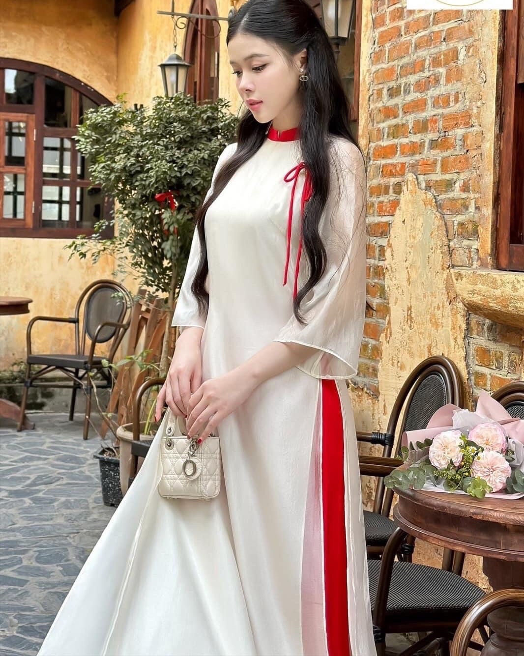 TueHy Vietnamese ao dai beige off-white, pants included