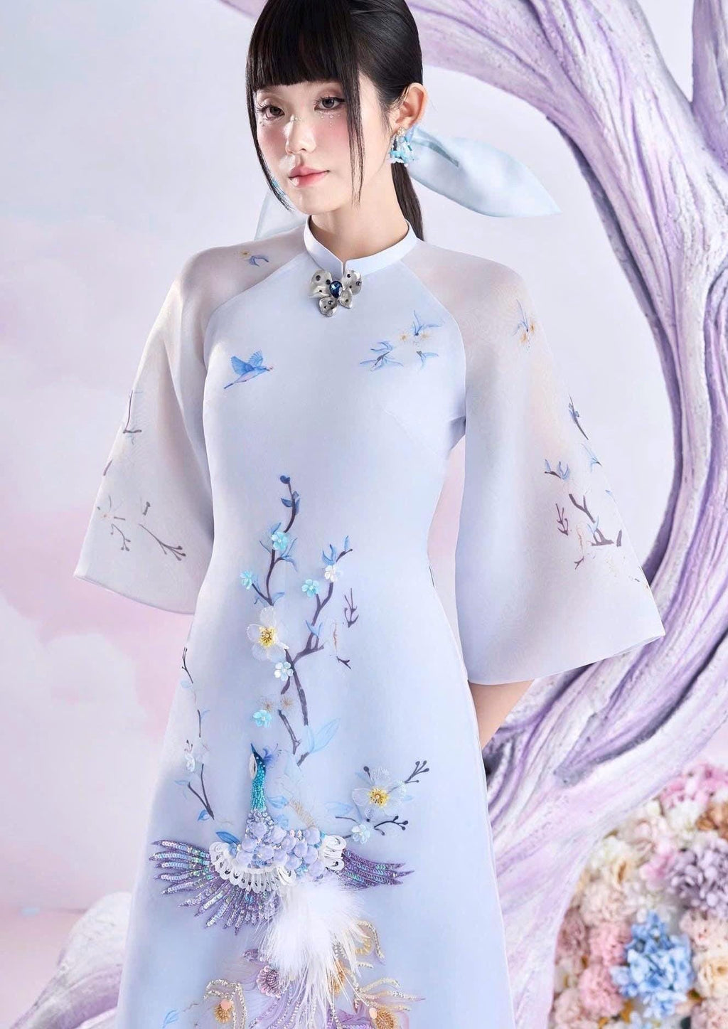 LamDong Vietnamese ao dai blue, brooch and pants included