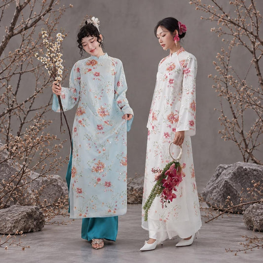 XuanHa Vietnamese ao dai embroidery blue/ white sequins, pants included