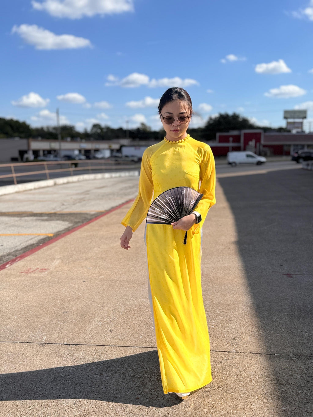Vietnamese ao dai PolkaDot yellow, pants included