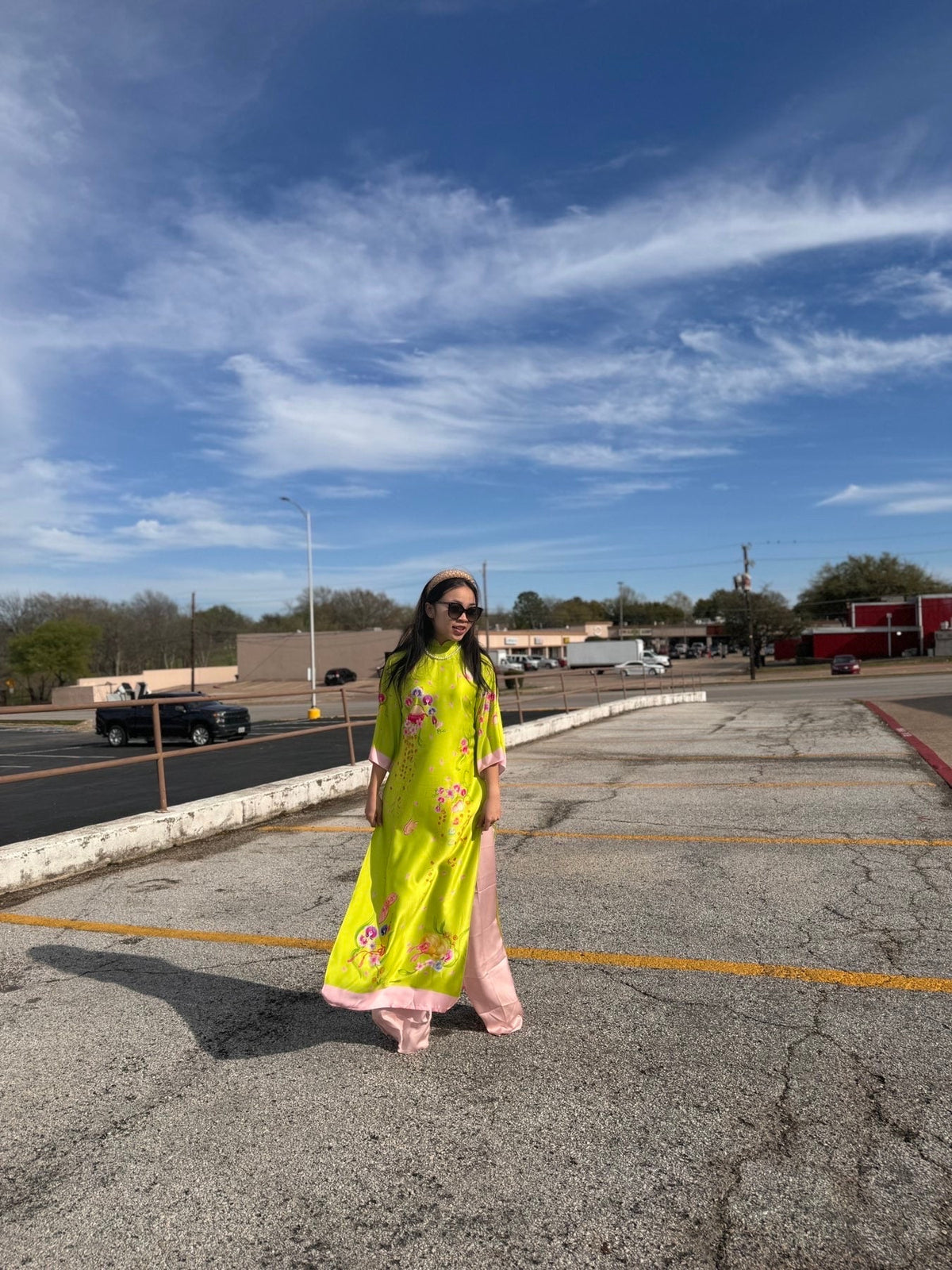 XuanChi Vietnamese ao dai yellow-green, pants included