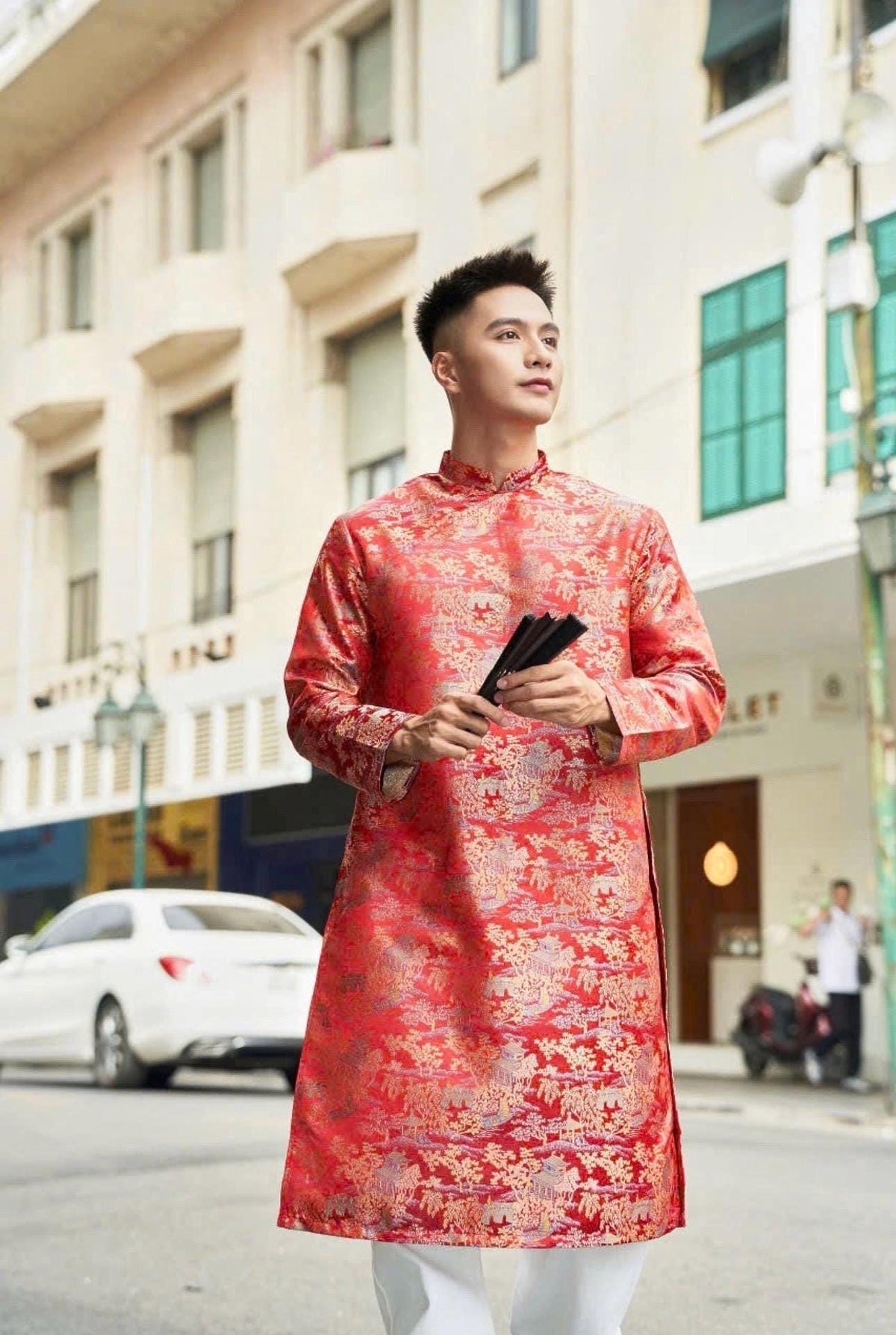ThuyMac Vietnamese aodai for men tafta red, golden, black, cream
