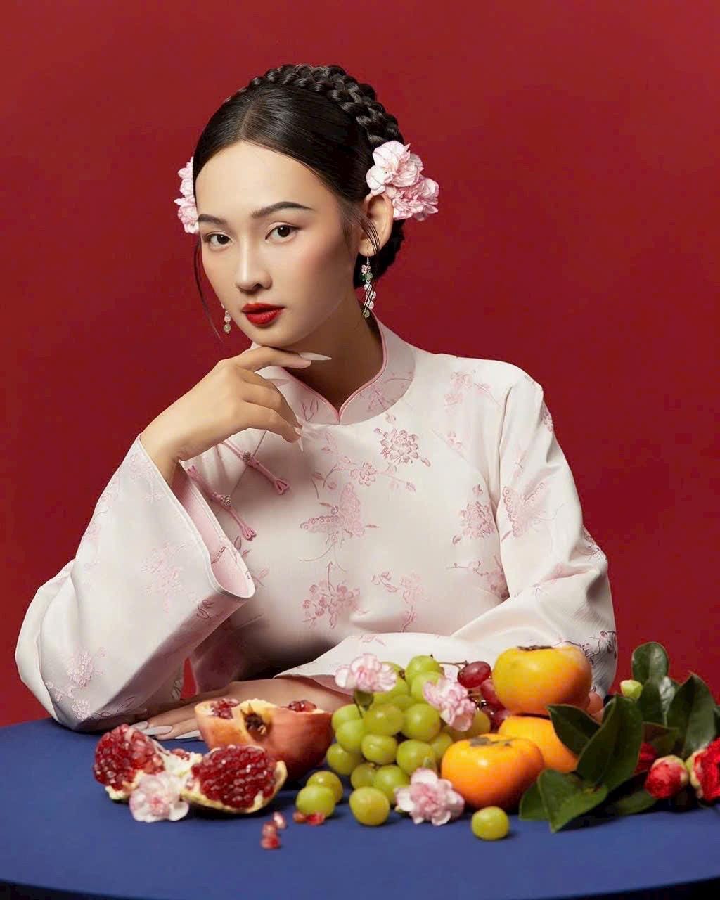 Vietnamese ao dai XuanHoi gam pink butterfly design aodai, pants included