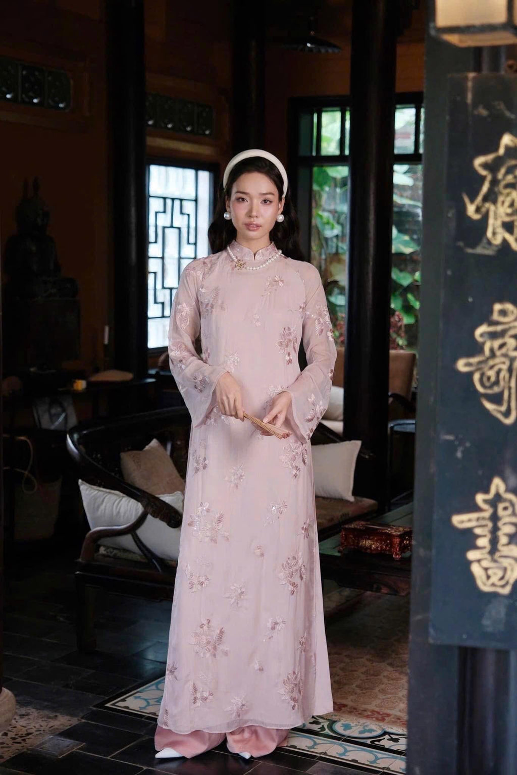Vietnamese ao dai Havy embroidery pink aodai, pants included
