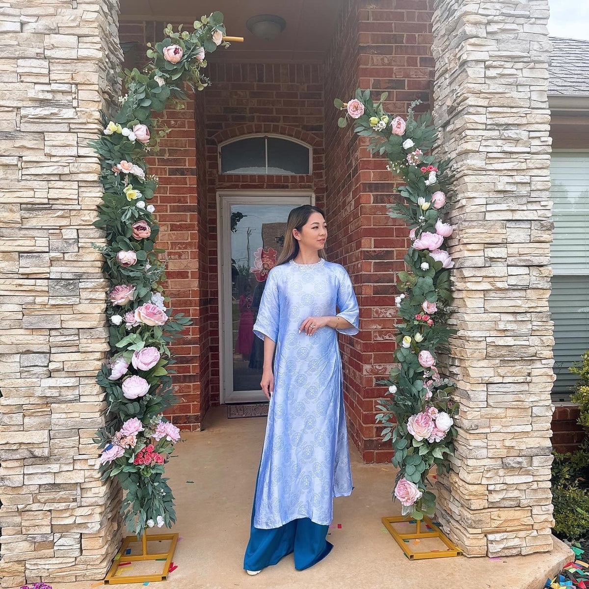Vietnamese Aodai lụa tơ tằm Biec blue, luxury Mulberry silk ao dai, pants included
