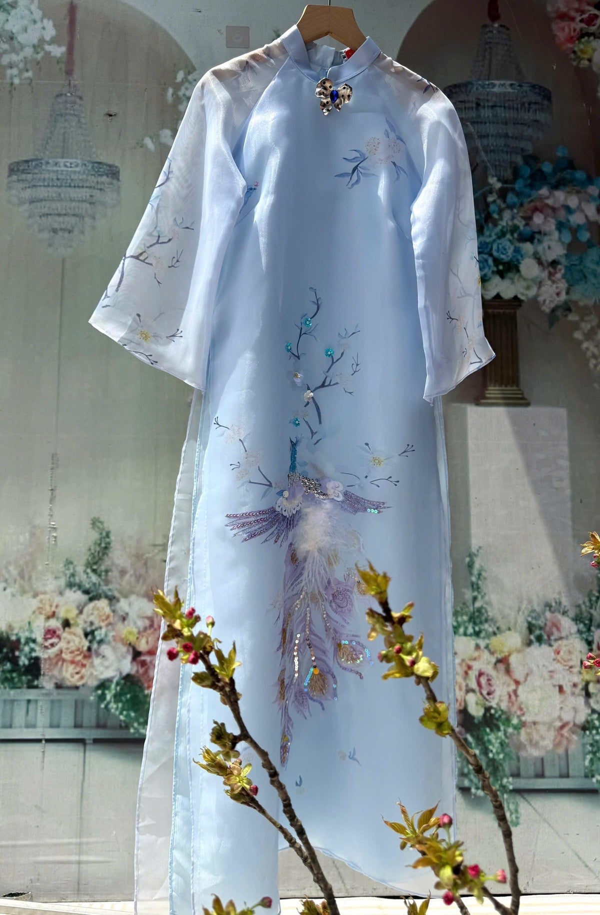 LamDong Vietnamese ao dai blue, brooch and pants included
