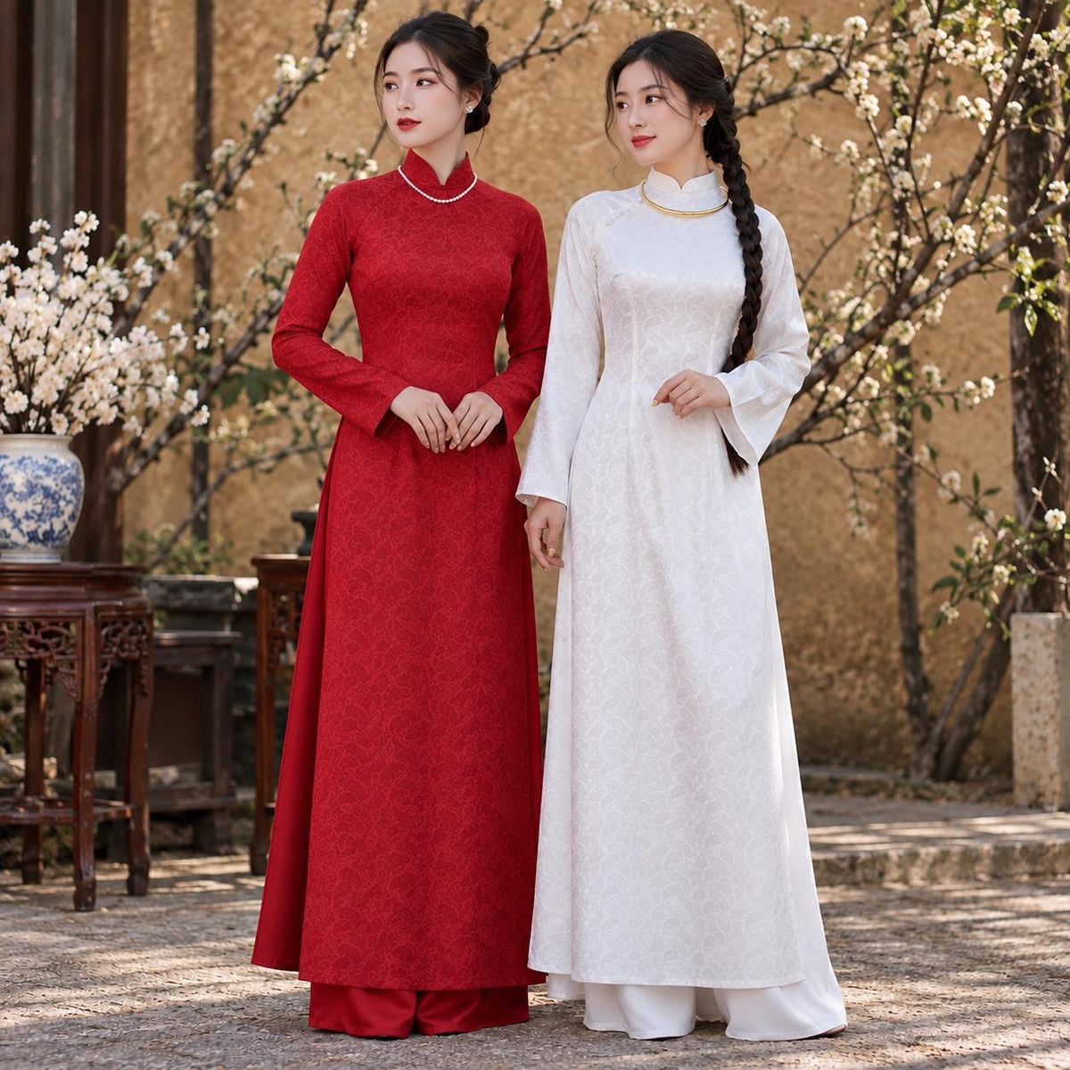 Vietnamese aodai UyenAn red or white ao dai, pants included