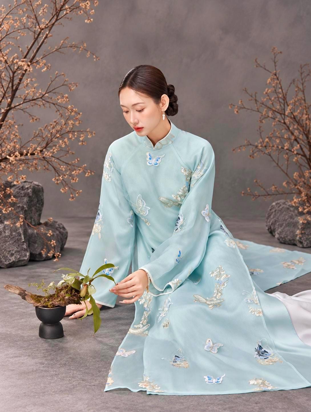 Vietnamese ao dai HoDiep mint embroidered aodai, pants included