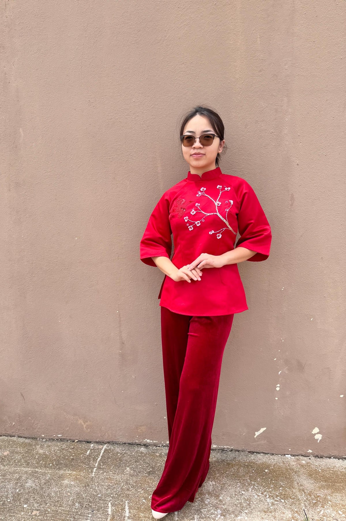Set of Vietnamese Phap phuc red embroidery and beaded, velvet pants included