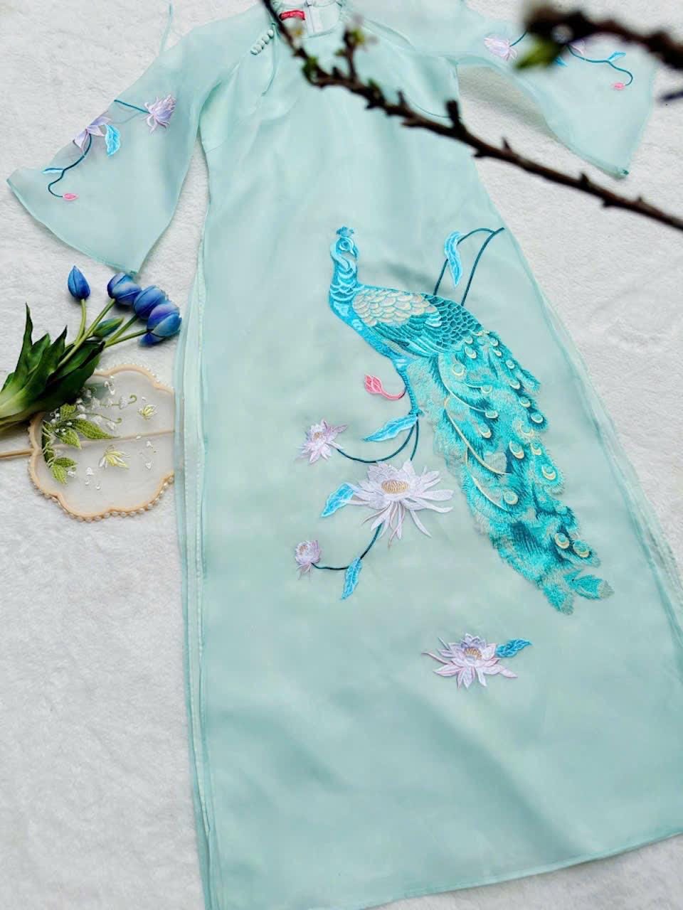 Vietnamese ao dai KhongTuoc turquoise, pants included