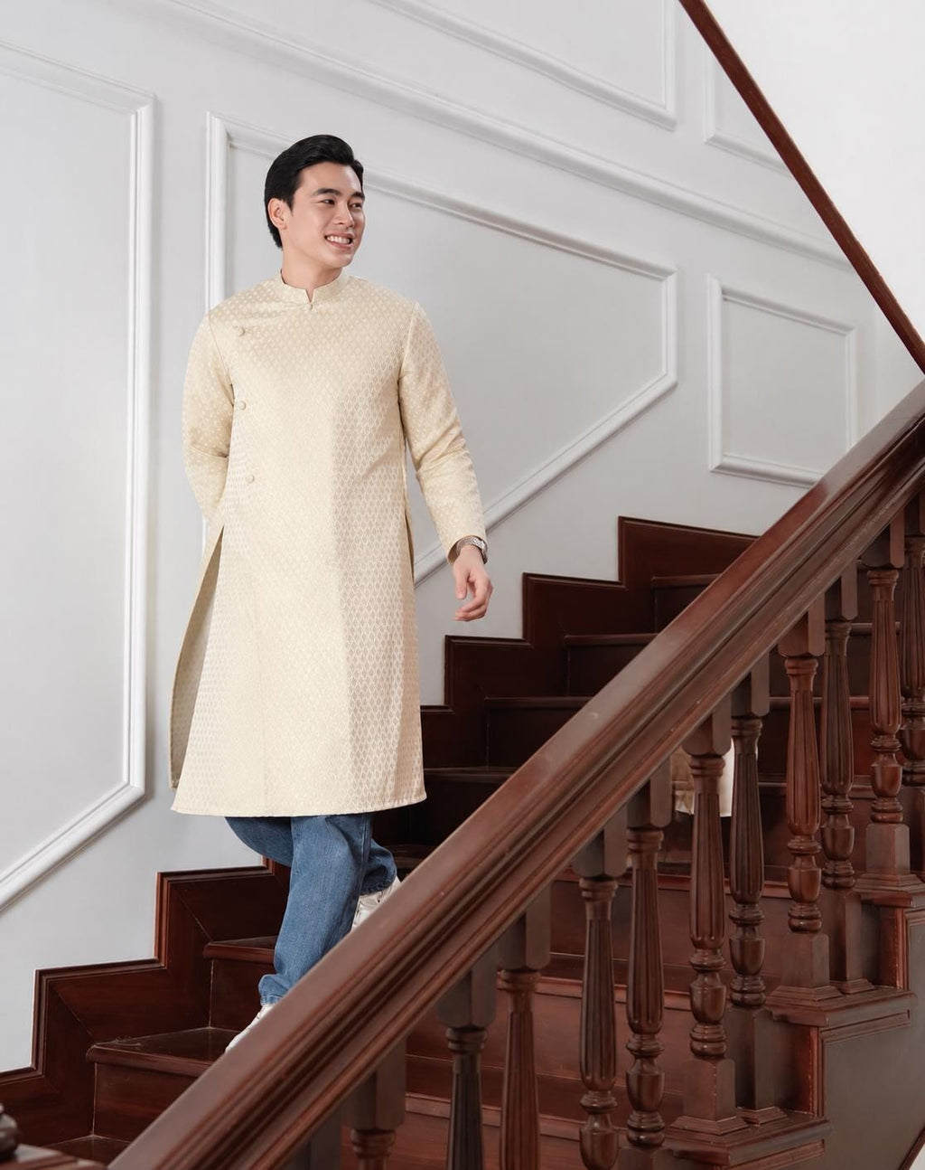 TuyenThoi Vietnamese aodai for men Tafta teal or ivory