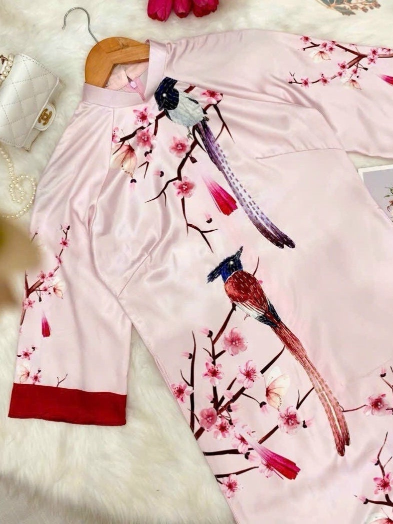 Vietnamese ao dai XuanHy pale pink loose style, pants included
