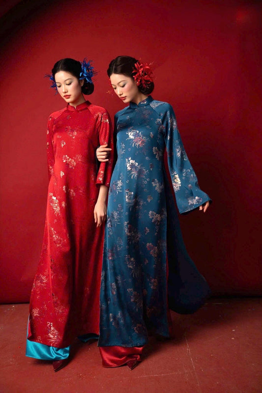 LuaTuyet Vietnamese aodai in red/ teal, pants included