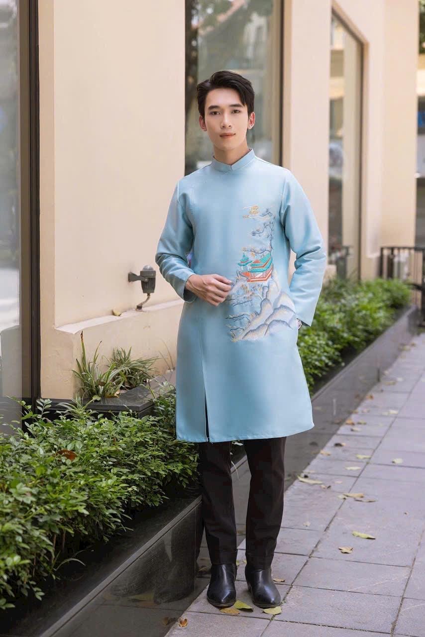 Temly Vietnamese aodai for men blue/ nude