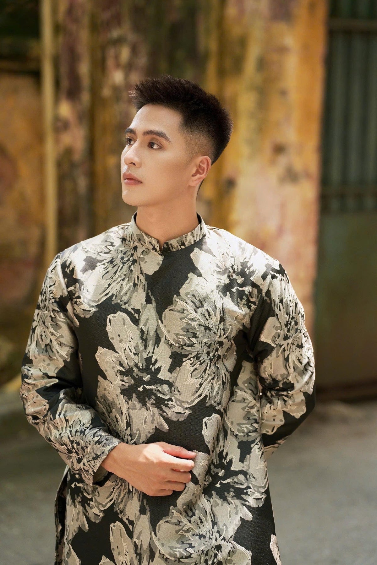 Vietnamese aodai for men black gold floral ao dai nam