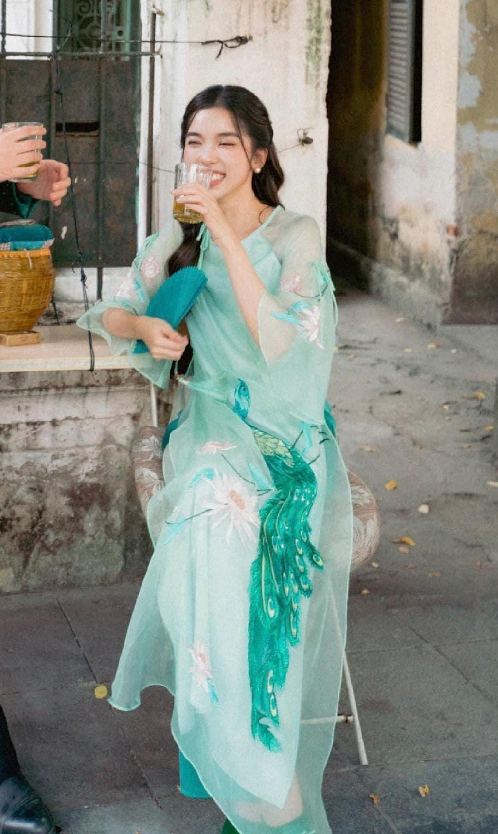 Vietnamese ao dai KhongTuoc turquoise, pants included