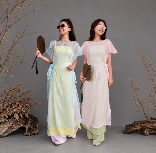 CachTanRen Vietnamese ao dai 2 pieces yellow or green, pants included