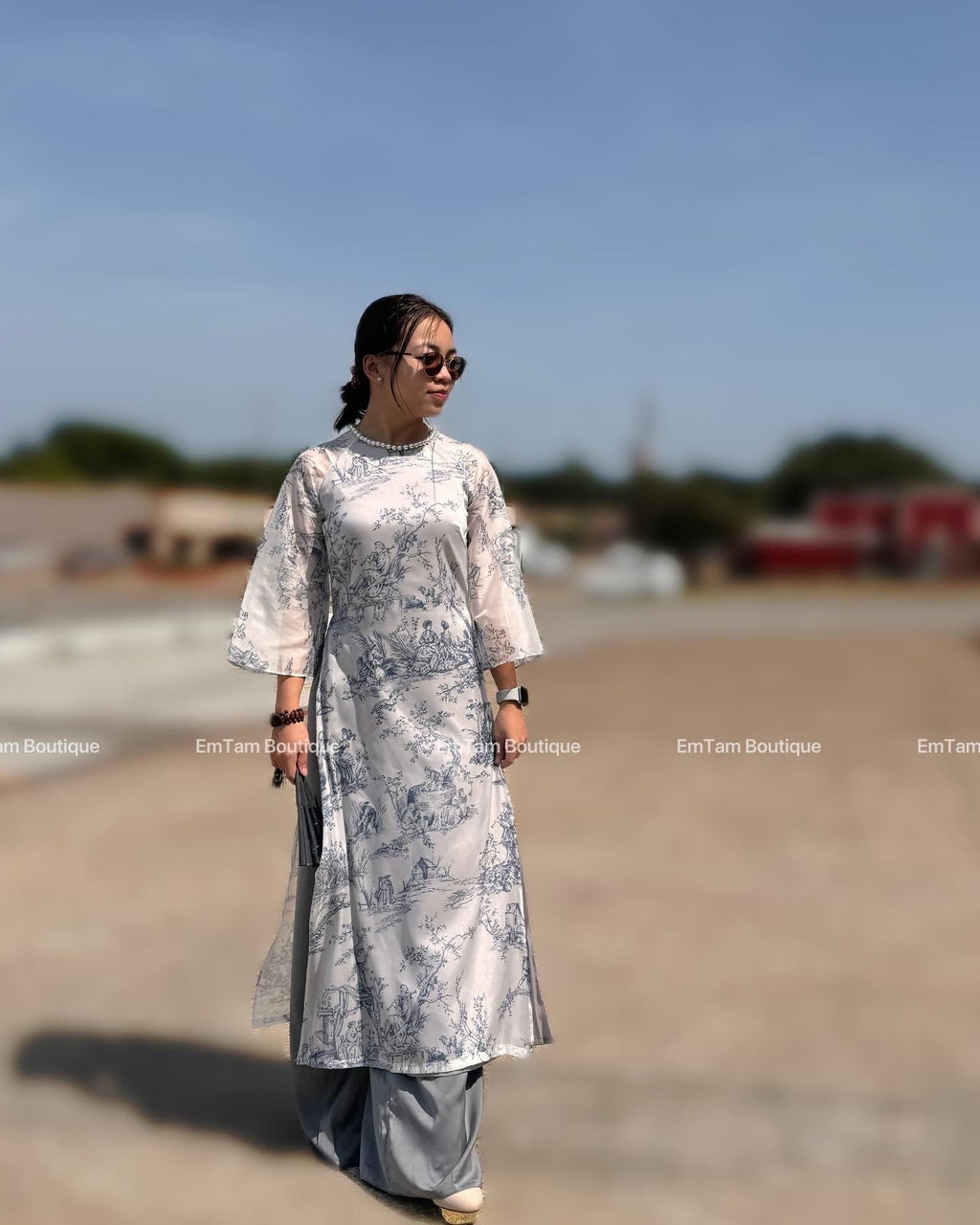 NgocTraj Vietnamese aodai with pearl grey, pants included