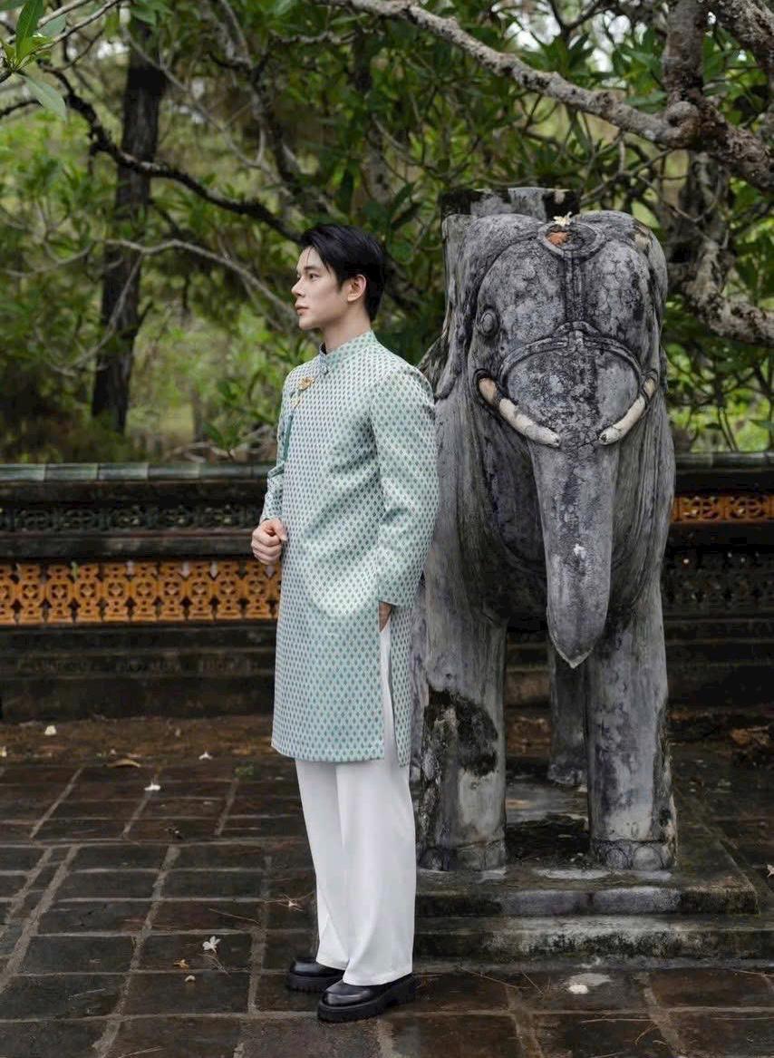 TuyenThoi Vietnamese aodai for men Tafta teal or ivory