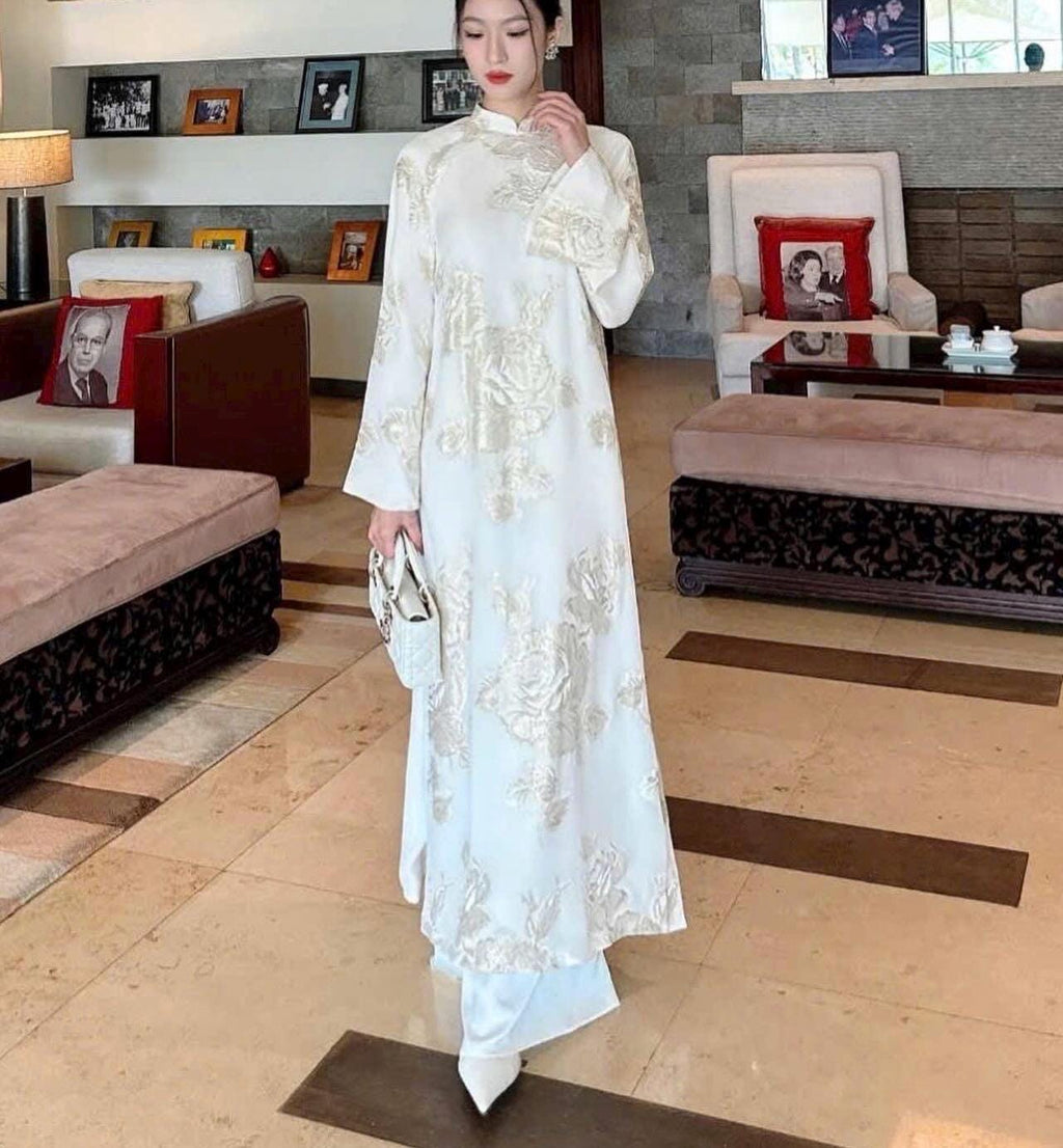 Vietnamese ao dai Rosey imprint 3D texture with gold aodai white relaxed style, pants included