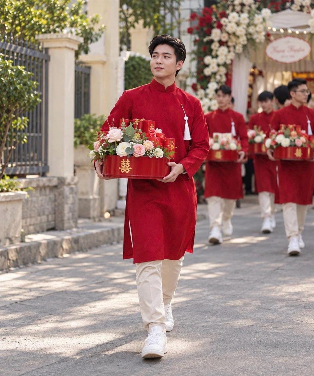 Vietnamese aodai for men Taffeta Soi white and red