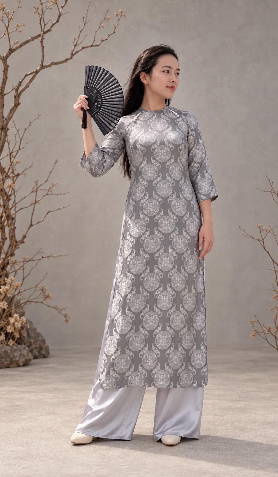 ThoXam Vietnamese aodai gray, pants included