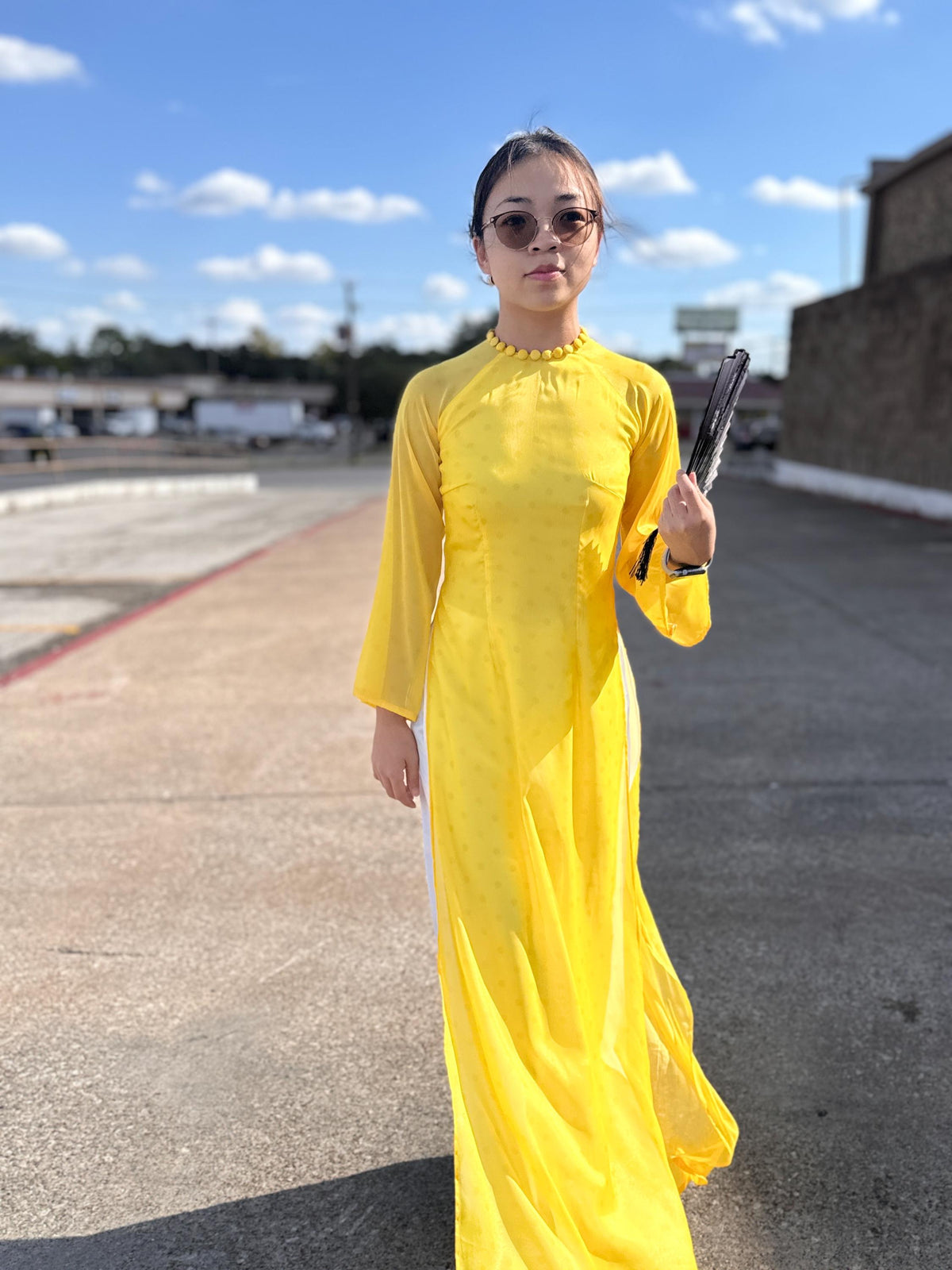 Vietnamese ao dai PolkaDot yellow, pants included