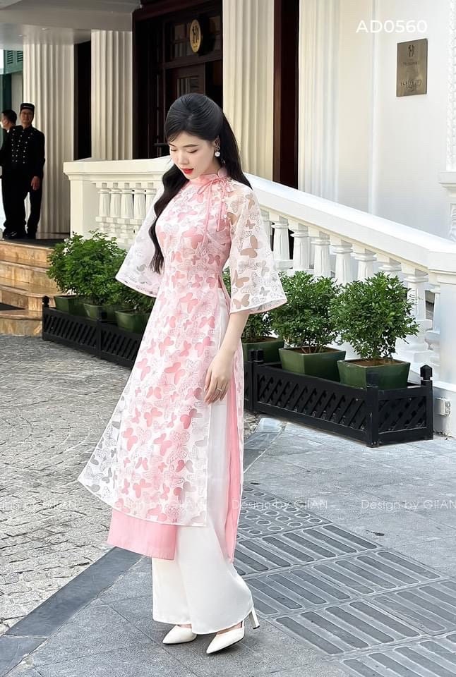 HoDiep Vietnamese aodai butterfly pink, pants included