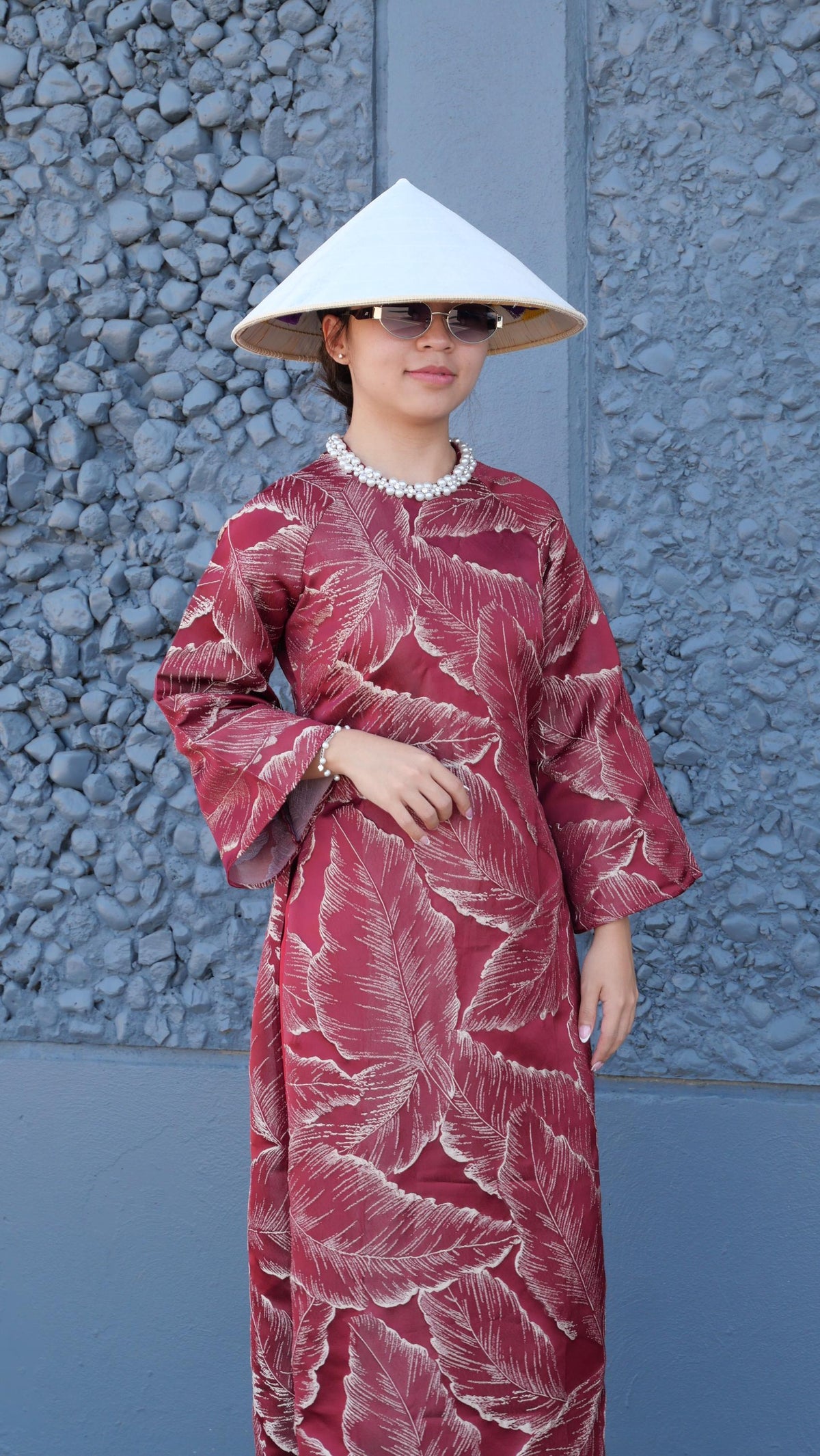 Vietnamese ao dai loose style 3D embossed leaves pink or maroon with pearl neckline , pants included