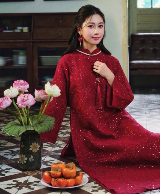 TraCuc Vietnamese aodai kimsa red, pants included