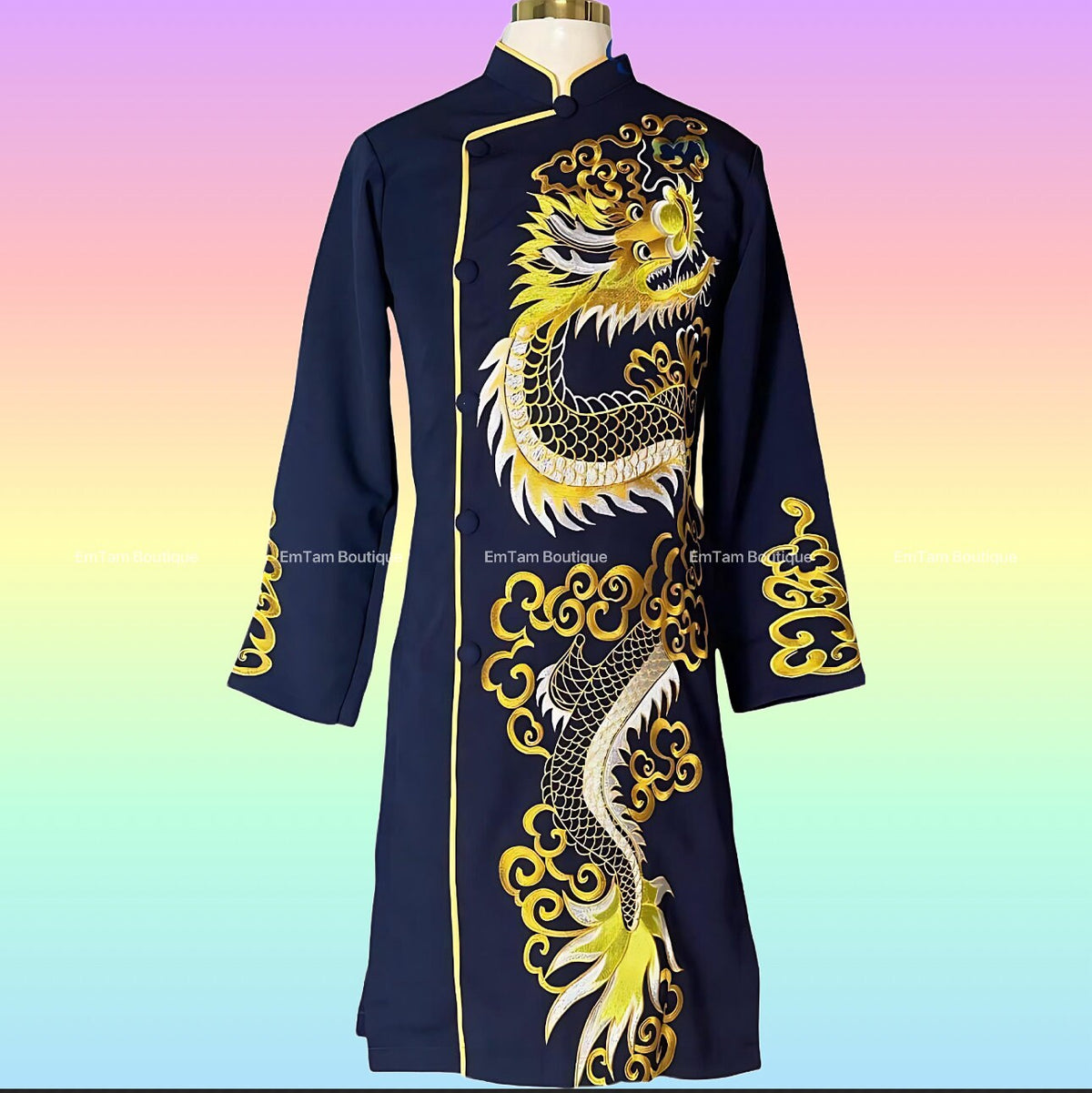 Dragon Vietnamese aodai for men embroidered purple