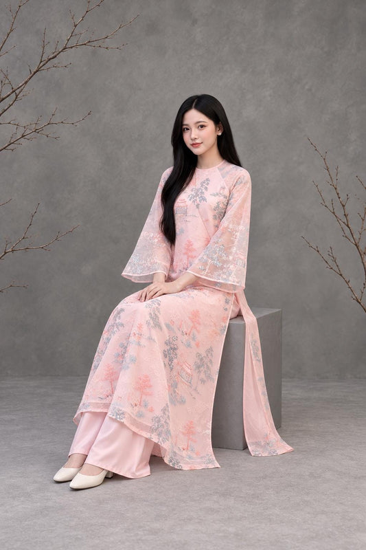 Vietnamese aodai ThuyMac pinknude, pants included