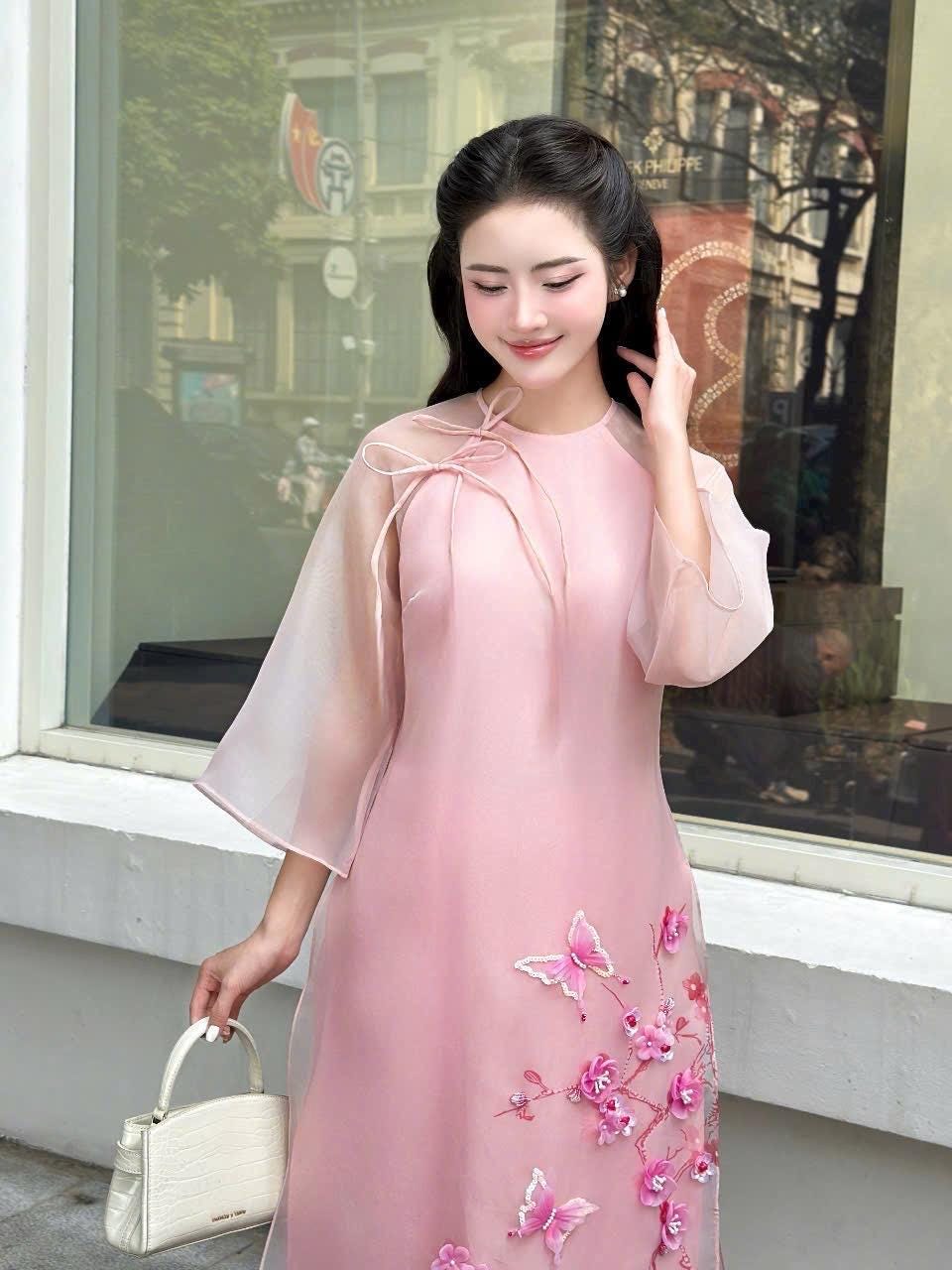YenXuan Vietnamese ao dai butterfly beaded pink, pants included