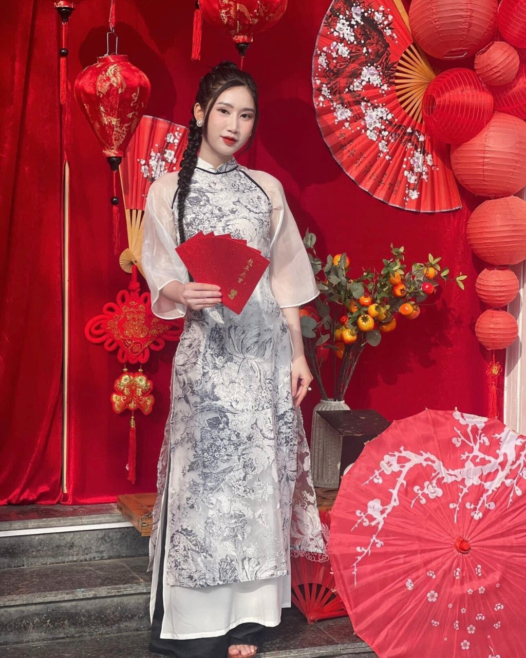 Vietnamese navy blue aodai floral, pants included