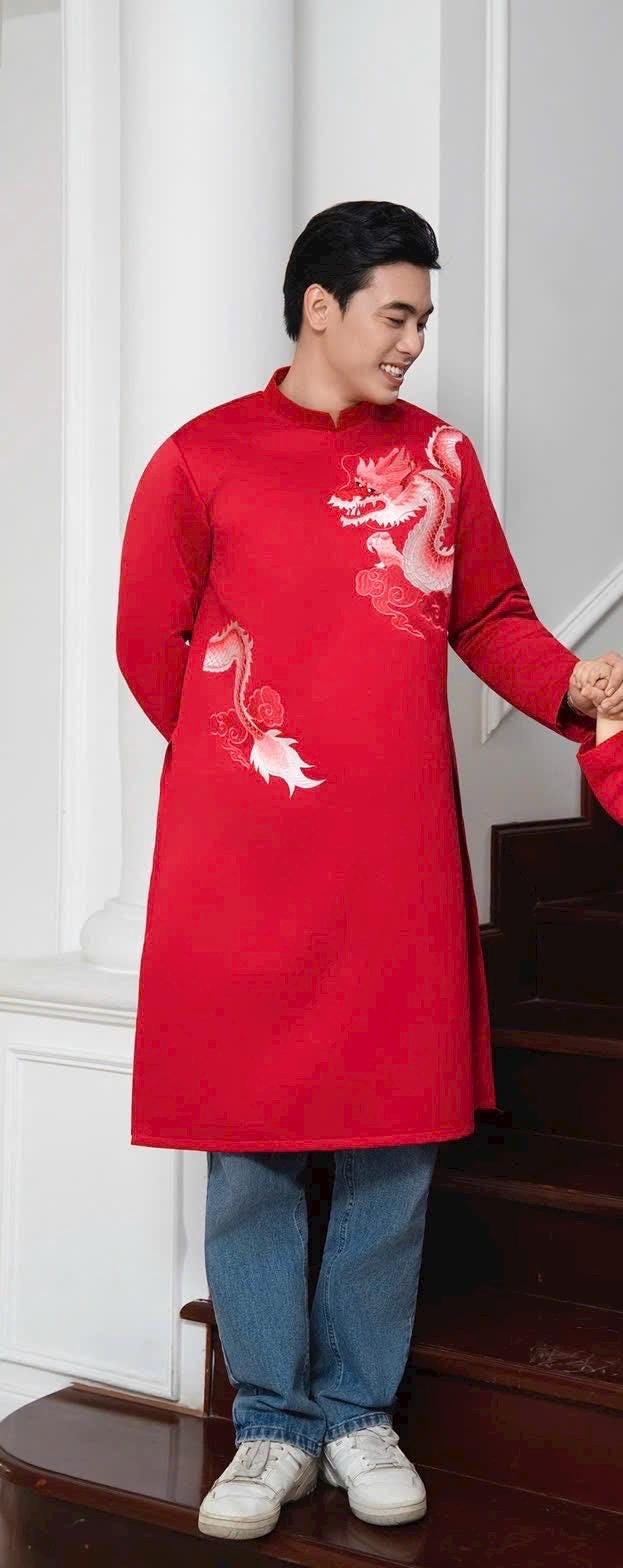 Vietnamese aodai for men embroided dragon grey/ red/ blue ao dai gam taffeta