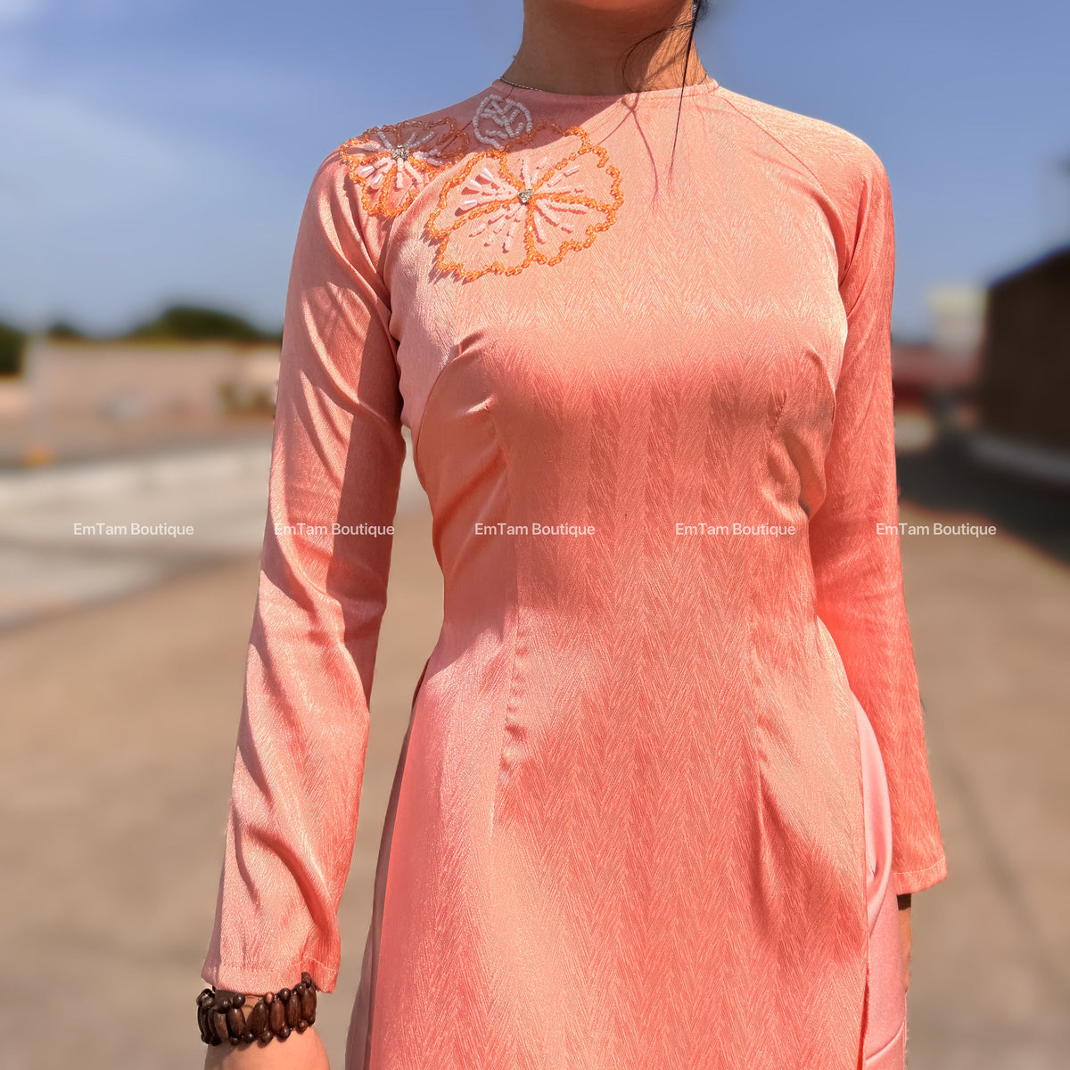 DaoLy Vietnamese aodai beaded floral peach, pants included