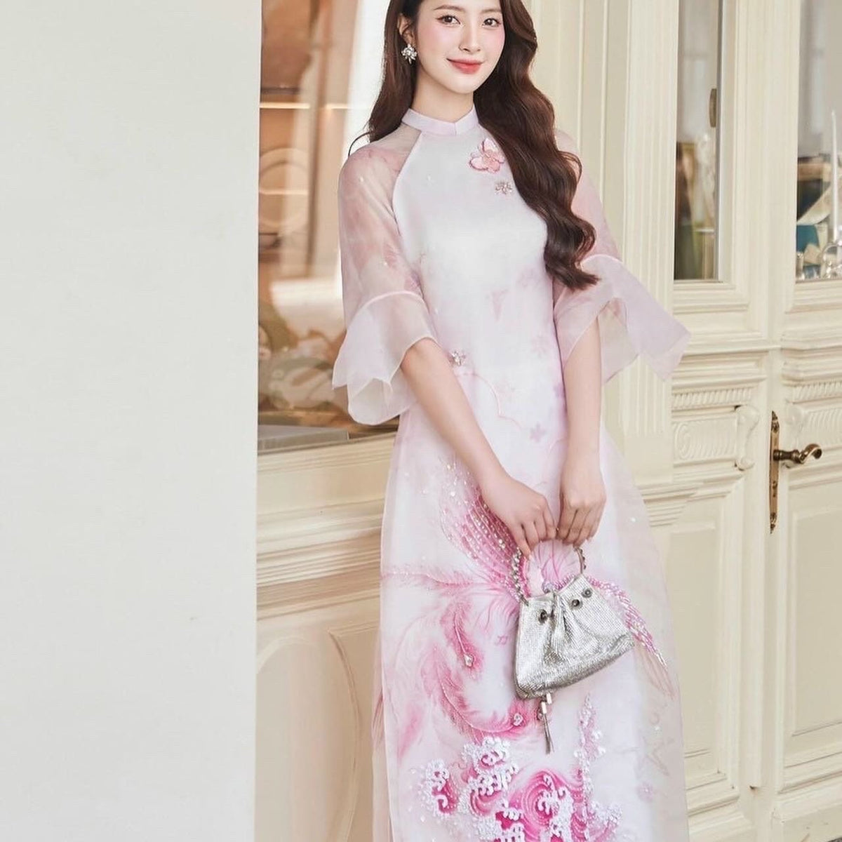 Vietnamese phoenix aodai light pink, pants included