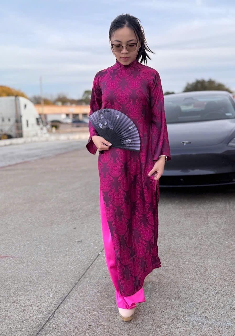 ThoCam Vietnamese ao dai fuchsia pink, pants included