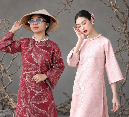 Vietnamese ao dai loose style 3D embossed leaves pink or maroon with pearl neckline , pants included