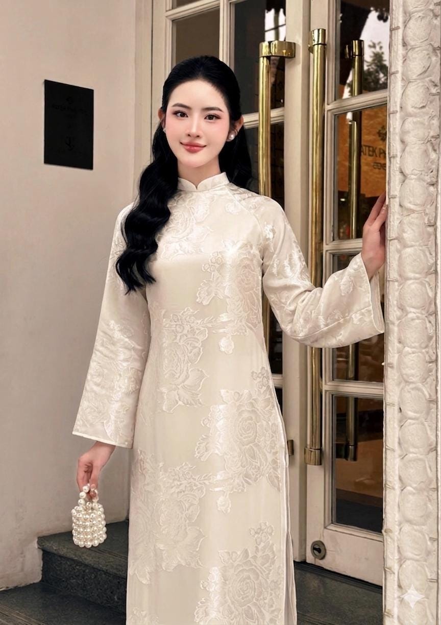MocTra Vietnamese ao dai rose red or ivory, pants included