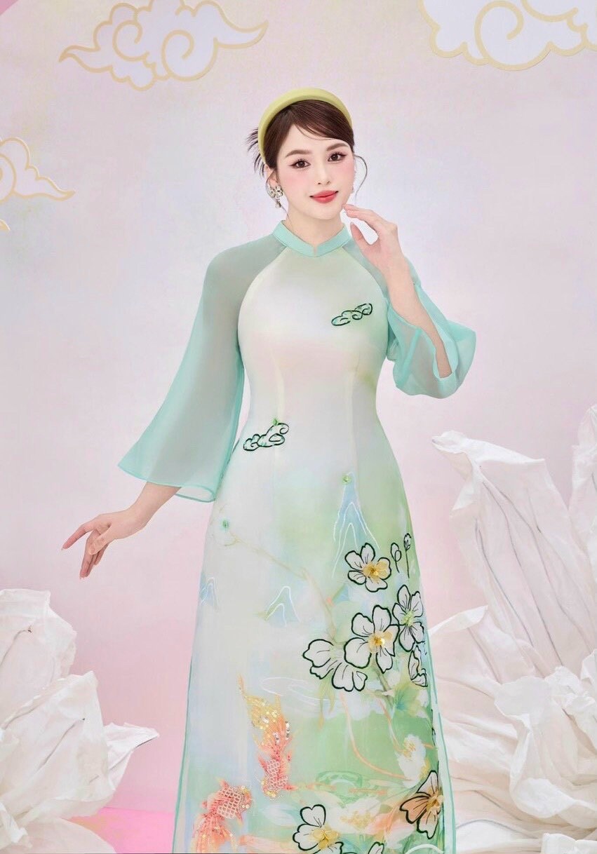 Vietnamese aodai SongNgu green, pants included