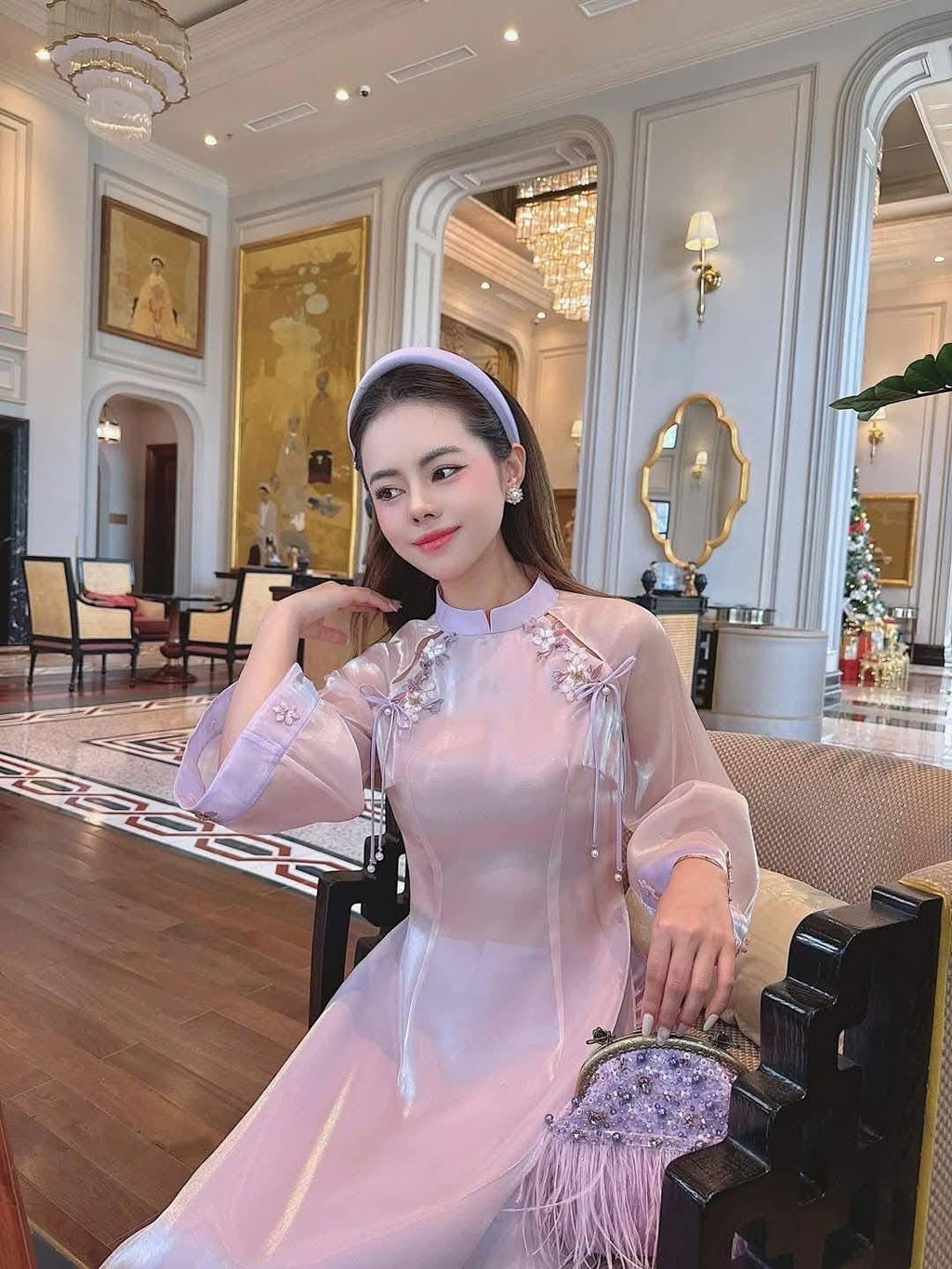 LynnTim Vietnamese aodai cutout purple beaded, pants included