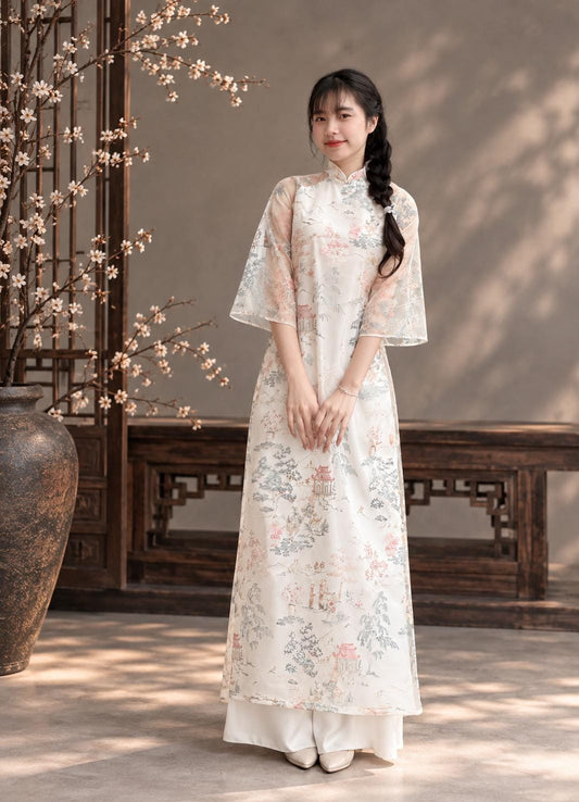 Vietnamese aodai ThuyMac white loose style, pants included
